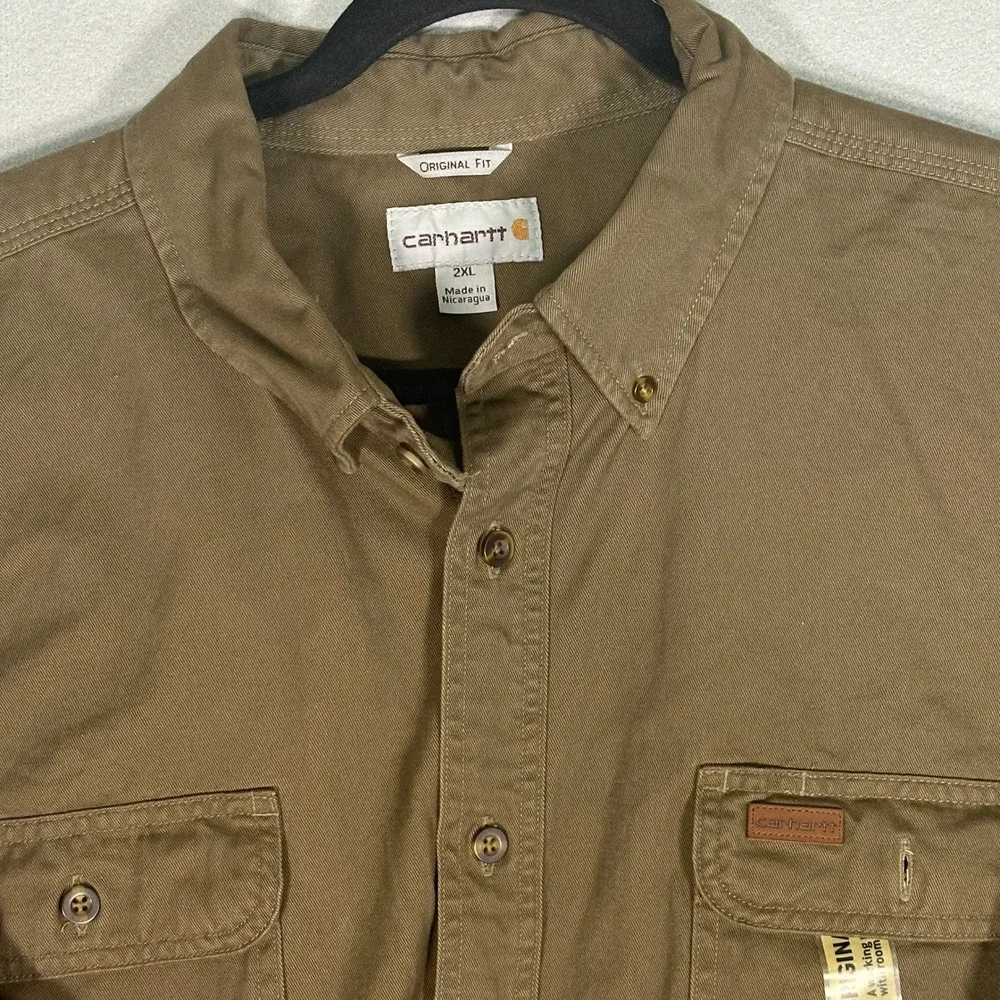 Carhartt Mens 2XL Original Fit Long Sleeve Button Down Work Shirt Brown Canvas - Picture 2 of 4